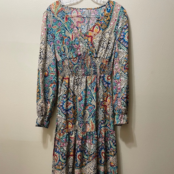 Bohemian Paisley Print V-neck Dress M Multicolor - Picture 1 of 5